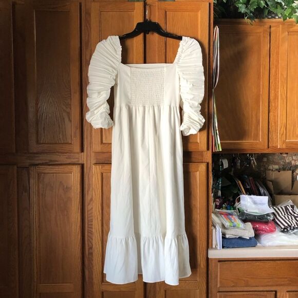 Anthropologie OPT Square Neck Ruched Sleeve Ruffle Hem MIDI Dress- S - Picture 7 of 14